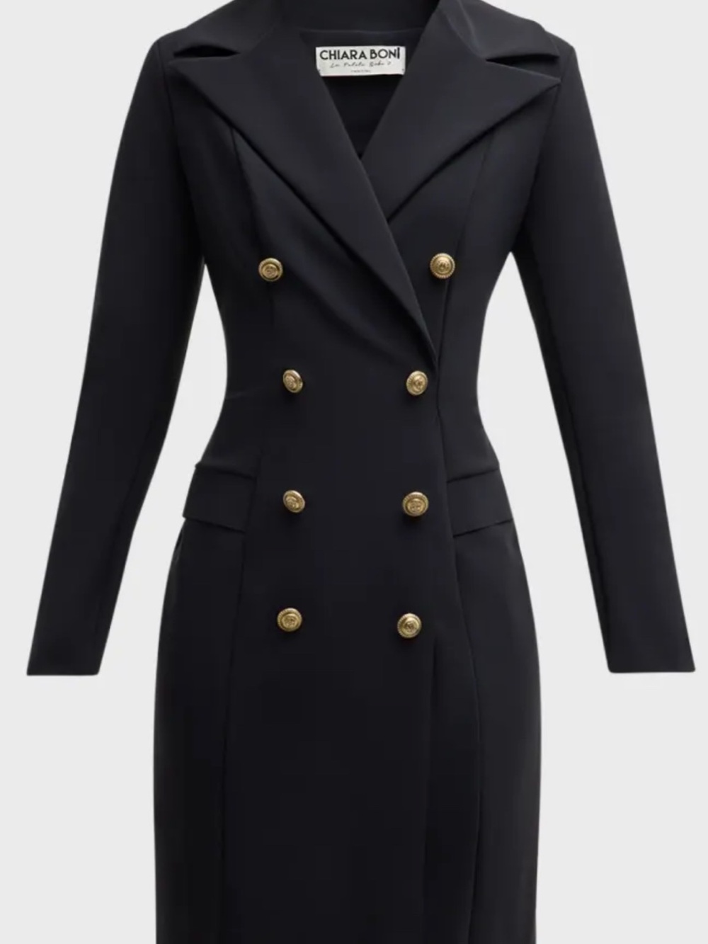 Chiara Boni Navy Blue Long Double-Breasted Blazer Dress with Gold Buttons